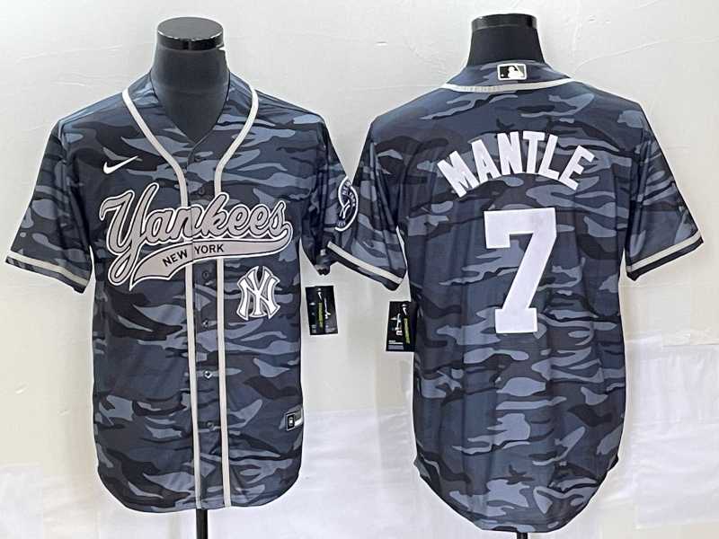 Mens New York Yankees #7 Mickey Mantle Grey Camo Cool Base With Patch Baseball Jersey->new york yankees->MLB Jersey